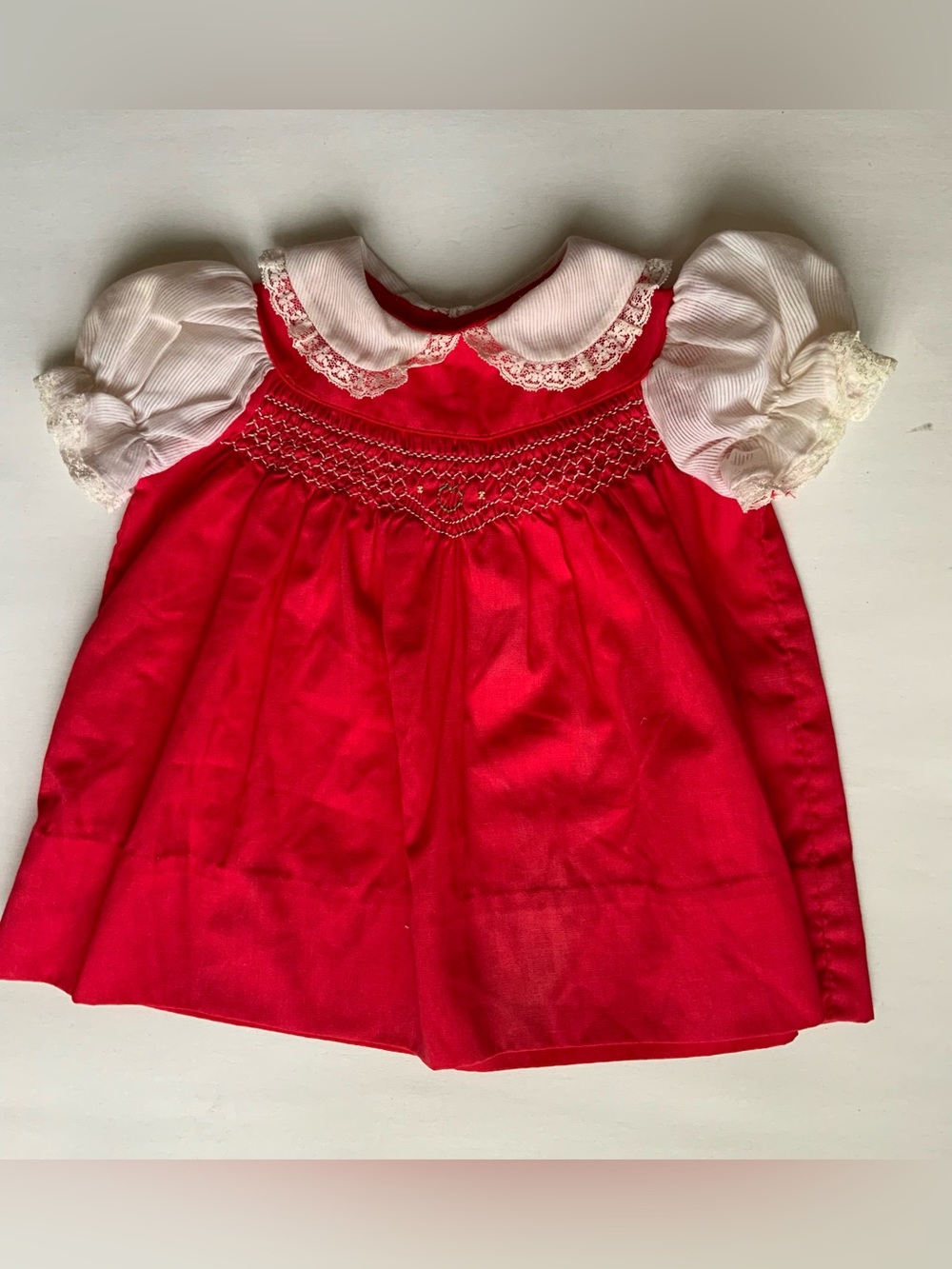 Vintage 70s Red Smocked Baby Dress with Lace Collar